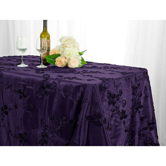 Wedding Linens Inc. 90" x 156'' Rectangular Ribbon Taffeta Tablecloth for Wedding, Luxury Events, Party use - EggPlant