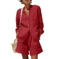 thumbnail image 4 of LEKWK Linen Sets for Women 2 Piece Long Sleeve V Neck Button Down Tops and High Waisted Shorts with Pockets Summer Solid Casual Travel Vacation Sets, 4 of 7