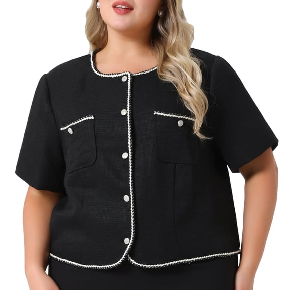 DARING DIVA Women's Plus Tweed Blazer Button DownStylish Office Jacket 1X Black