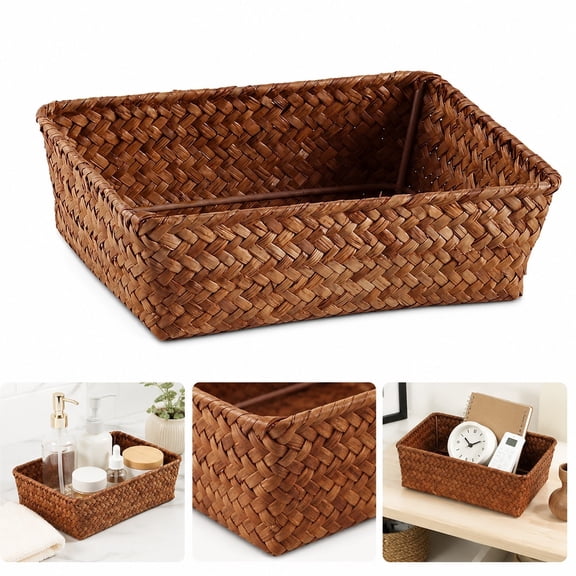 Handwoven Storage Basket, Rectangular Woven Organizer Tray for Bathroom, Shelf and Desk, 20 x 14 x 5.5 cm