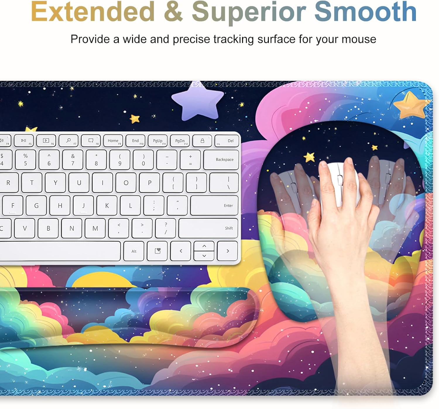 Mouse Pad with Wrist Support 4 in1 Set, XXL Big Game Mousepad + Keyboard Wrist Rest + Mouse Wrist Rest Pad +Coaster Gaming Mat for Home Office Work Computer Laptop I Colorful Clouds Starry Night