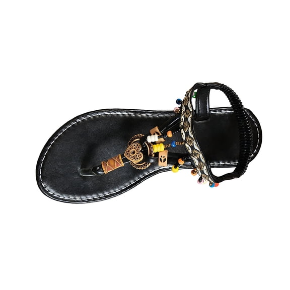 HomeDM Women's Bohemian Flat Thong Sandals Dressy Elastic Ankle Strap Flip-Flops Slip-On Summer Beach Sandals, Black Size 6.5