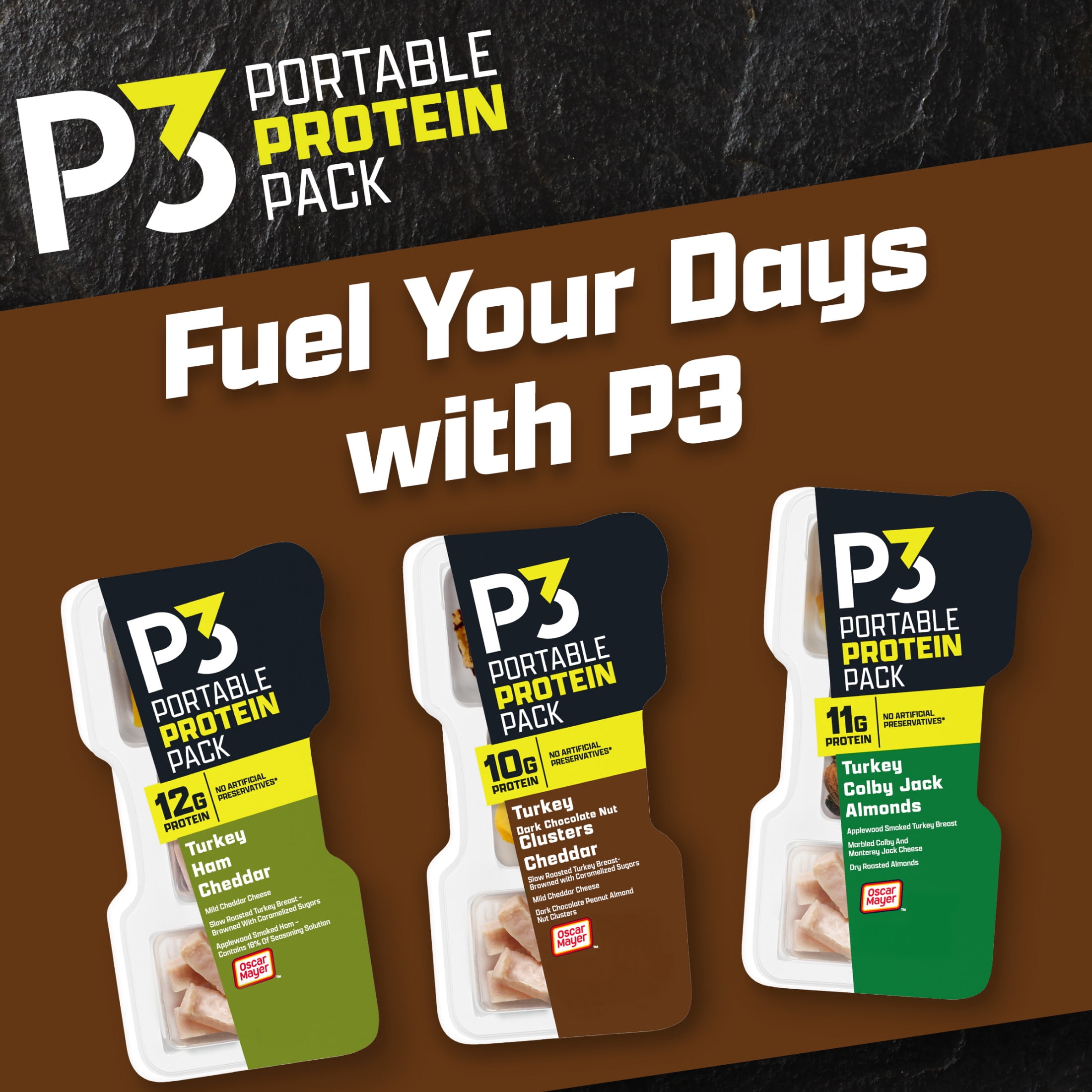P3 Portable Protein Snack Pack with Dark Chocolate Almond Nut Clusters, Turkey & Cheddar Cheese, 2 oz Tray