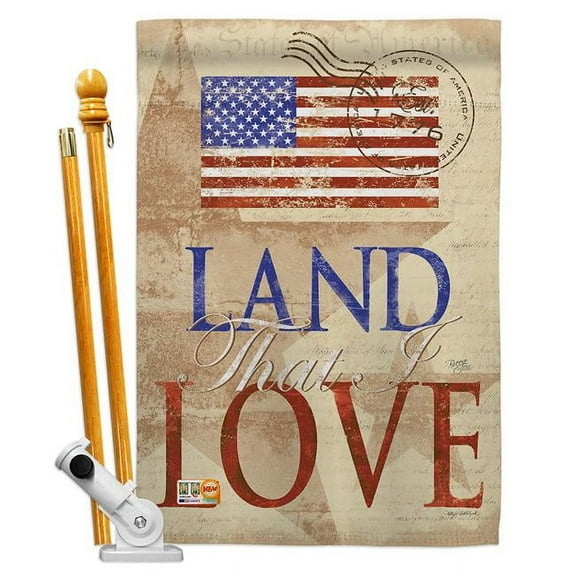 Breeze Decor BD-PA-HS-111054-IP-BO-D-US12-SB 28 x 40 in. Land that I Love Americana Patriotic Impressions Decorative Vertical Double Sided House Flag Set & Pole Bracket Hardware
