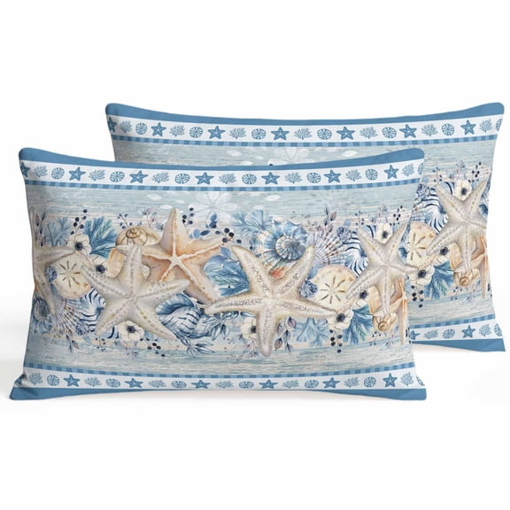 Set of 2 Blue Coastal Pillow Covers 12x20 Inch, Eucalyptus Leaves Starfish Shells Retro Summer Decorative Throw Pillow Cases Cotton Cushion Covers for Sofa Couch Bed Living Room Bedroom Home Decor