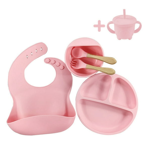 WIFORNT Silicone Baby Feeding Set, Toddler Plate Spoon Fork Cup Bib Bowl Eating Utensil Set