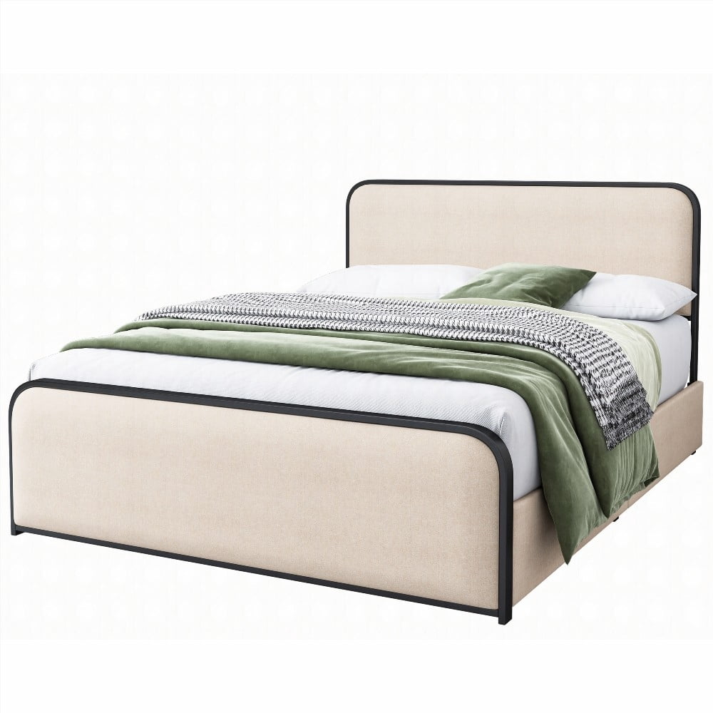 King Size metal bed frame with storage drawers and curved upholstered headboard, beige for master bedroom.