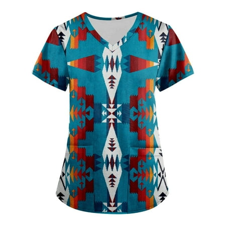 

QAZXD Scrubs Tops for Women Graphic Print Short Sleeve Workwear Tops with Pockets Breathable V-Neck Nursing