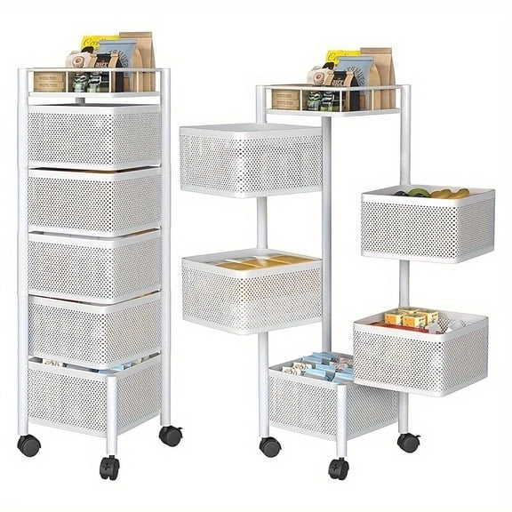 5 Tier Metal Rolling Storage Rack, Rotatable Utility Organizer Cart with Wheels, Multi-Shelf Mobile Storage Shelving Unit for Kitchen Bedroom Bathroom Pantry Household Organizer