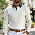 thumbnail image 4 of Plaid Collar Textured Jacquard Knit Polo Shirt for Men, V Neck Long Sleeve Buttonless Vintage Casual Sweater White, 4 of 9