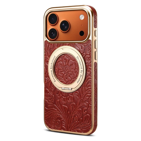 Dteck for iPhone 17 Pro Max Embossed PU Leather Phone Case with Ring Holder, Shockproof Retro Floral Design Protective Cover with Raised Edges for Women Girls, Red