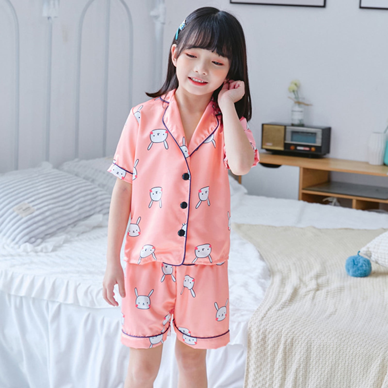 BOBOGOJP Girls Pajama Sleep Set Summer Short Sleeve PJ Set Clothes Pink Size 2 3 Years
