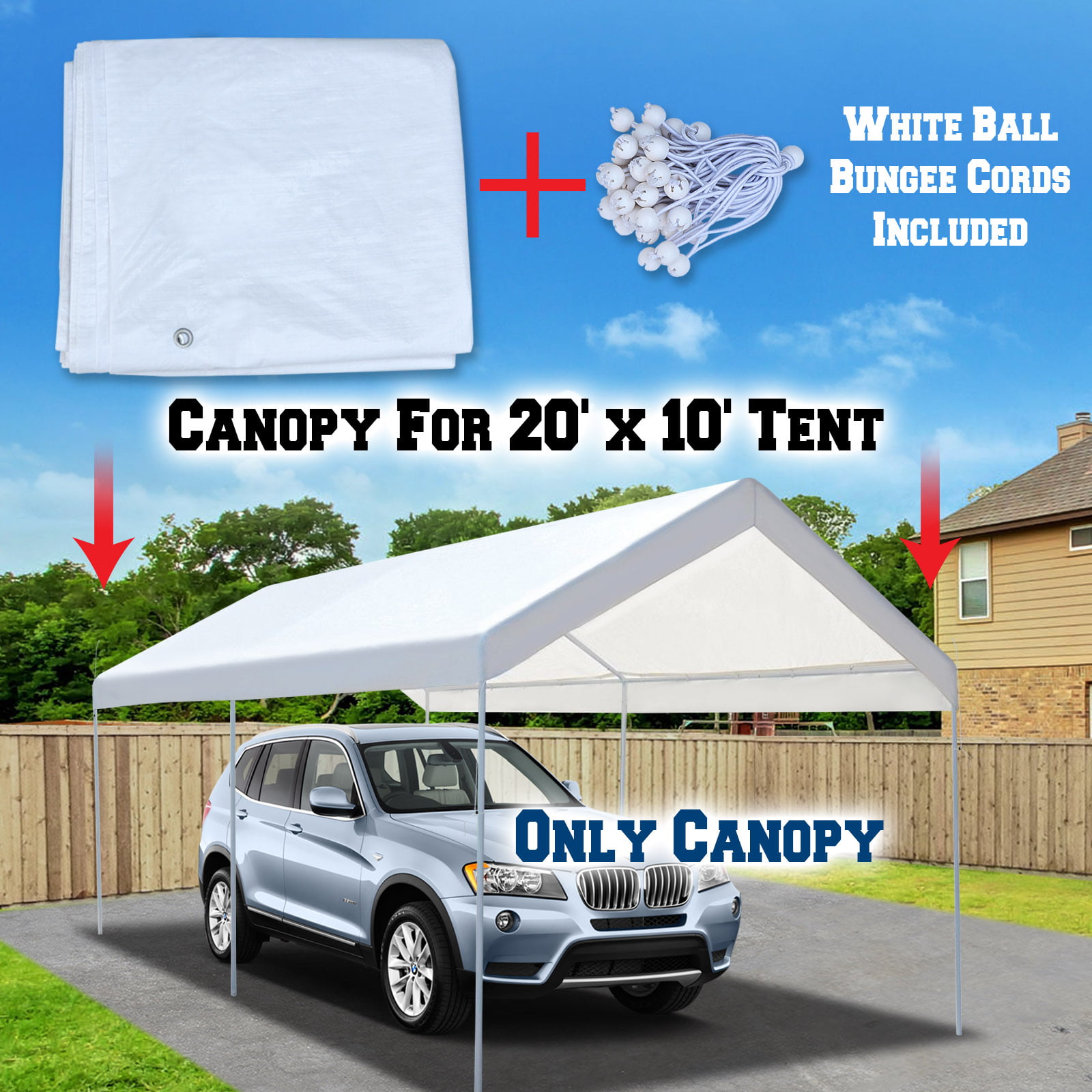 Only Cover, Frame Not Included 10 x 20 Feet Carport Replacement Canopy Cover for Car Tent Top Garage Shelter Cover with Ball Bungees White1 