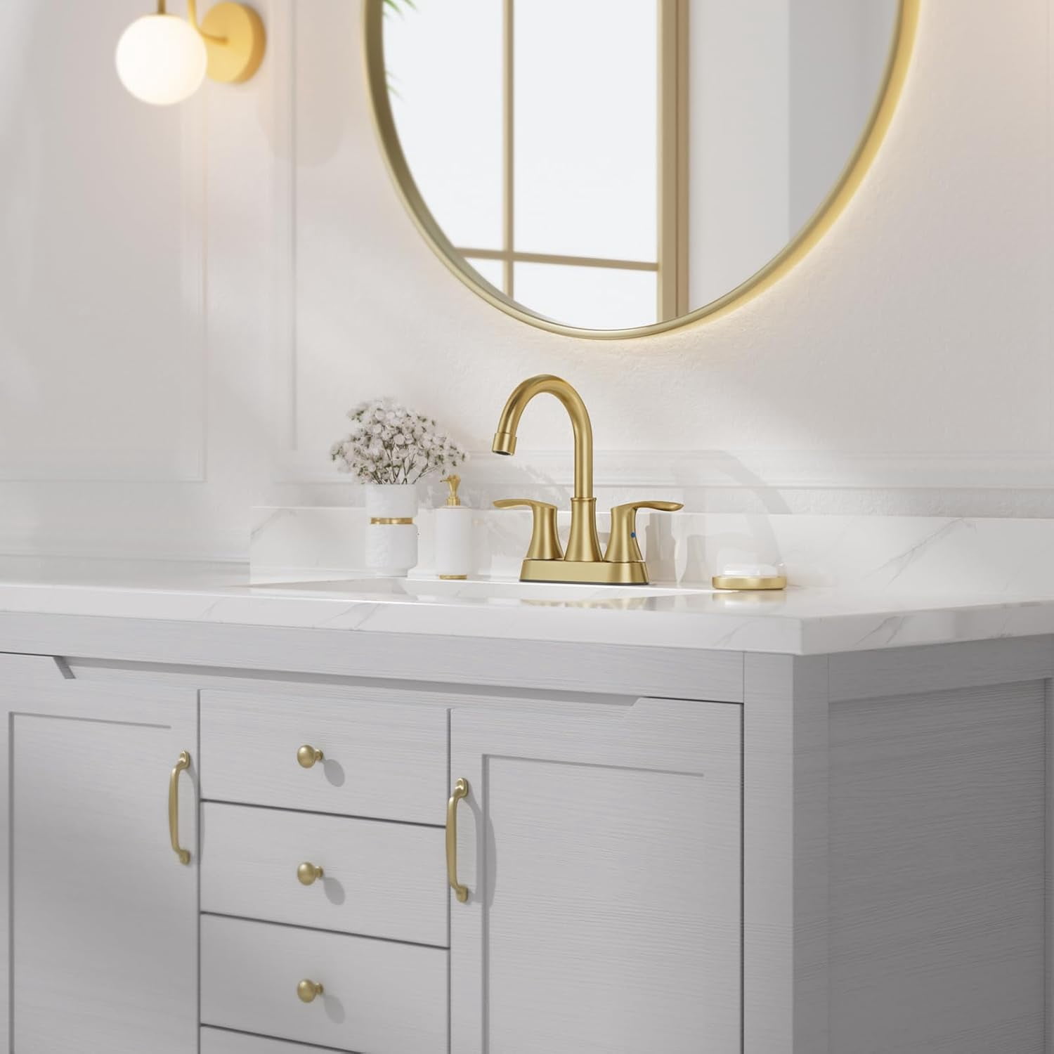 Brushed Gold Bathroom Faucet - 4 inch 3 Hole 2-Handle Centerset Vanity Mixer Taps With Drain, 360°Swivel,High Arc Design