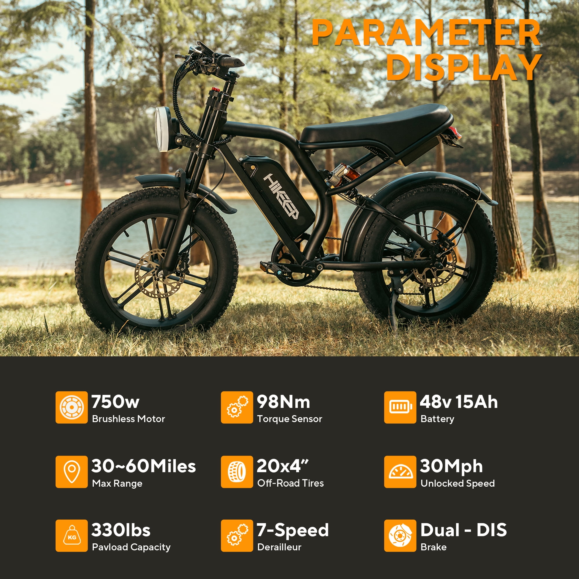GlobalKeep 1500W Peak Electric Mountain Bike, 20" Fat Tire 32MPH Ebikes for Adults , 48V 15.6Ah Removable Battery, Full Suspension UL2849