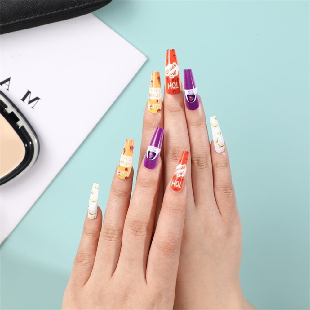 Fruit Patterns Long Coffin Fake Nails Durable Full Cover False Nails