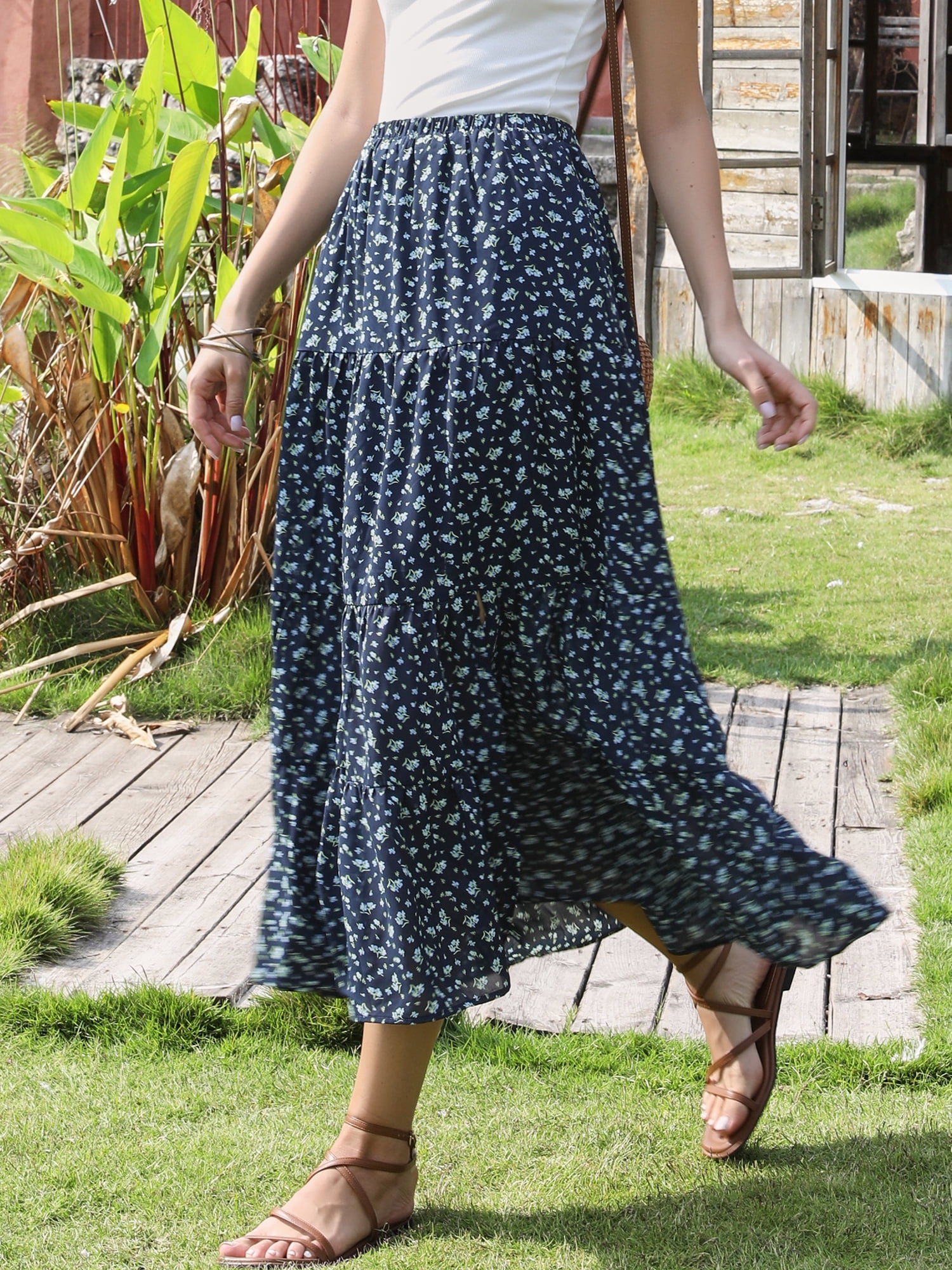 DARING DIVA Women's Floral Maxi Skirt Elastic High Waist A Line Skirts Small Dark Blue