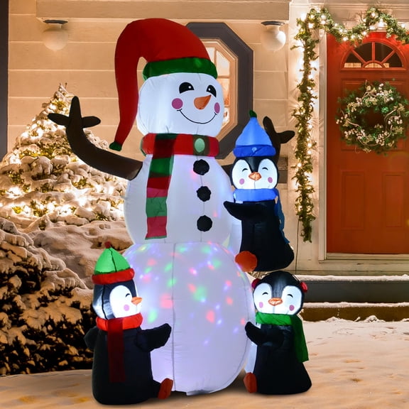HOMCOM 6ft Christmas Inflatable Snowman with Penguins, Outdoor Blow-Up Yard Decoration with LED Lights Display
