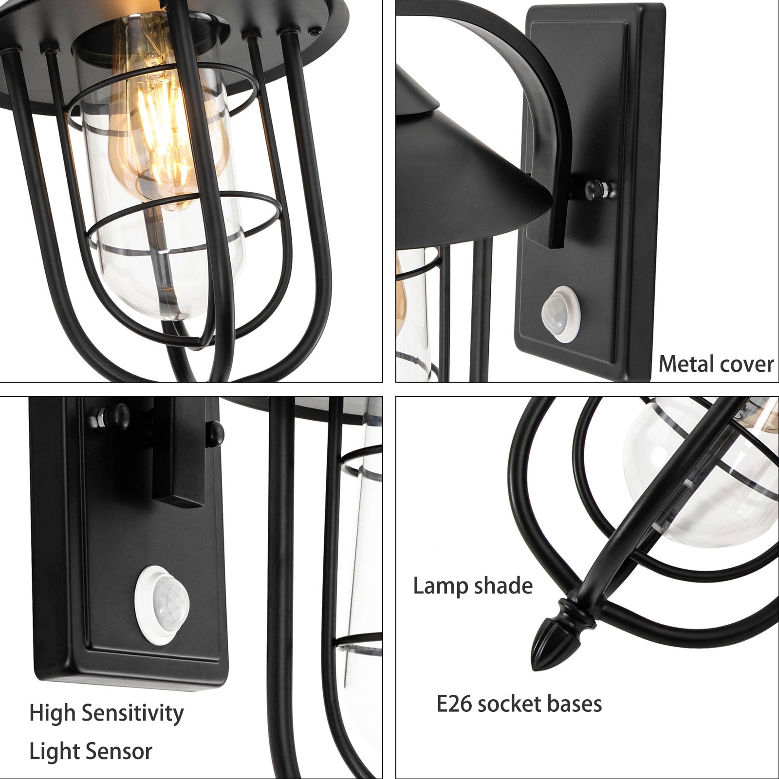 Wildnix Black Outdoor Sensor Wall Light, Waterproof, E26 Lamp Socket, Intelligent Motion Detection, Ideal for Porch, Garden, and Garage