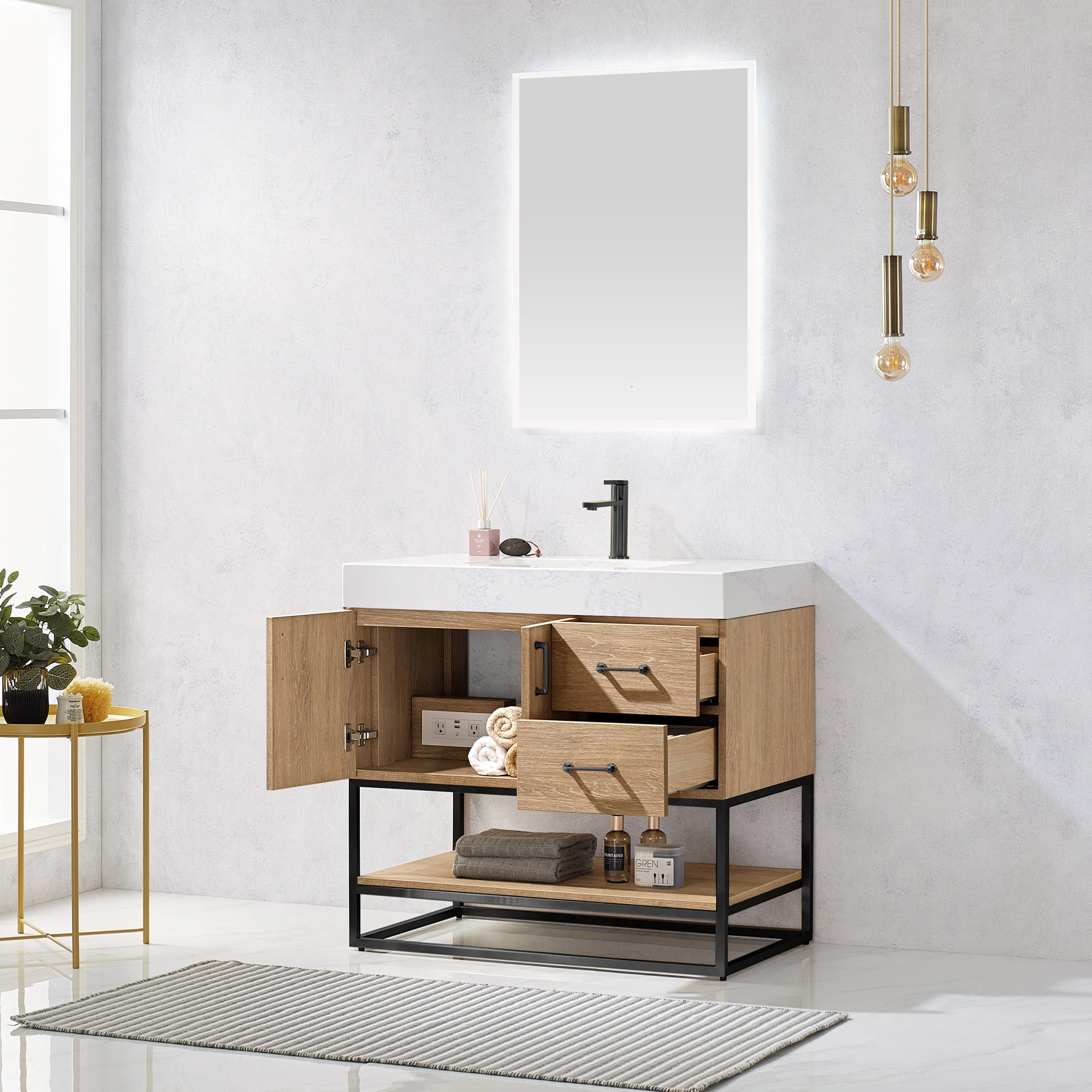Vinnova Alistair 36" White Stone Top Oak Single Vanity Black Frame w/o Mirror