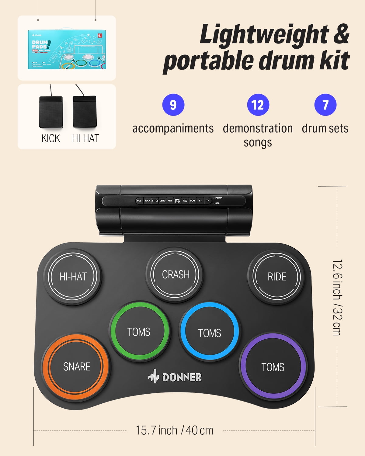Donner Electronic Drum Set for Kids,7 Pads Roll-up Silent Electric Drum Pad, Gift Toys for Beginners