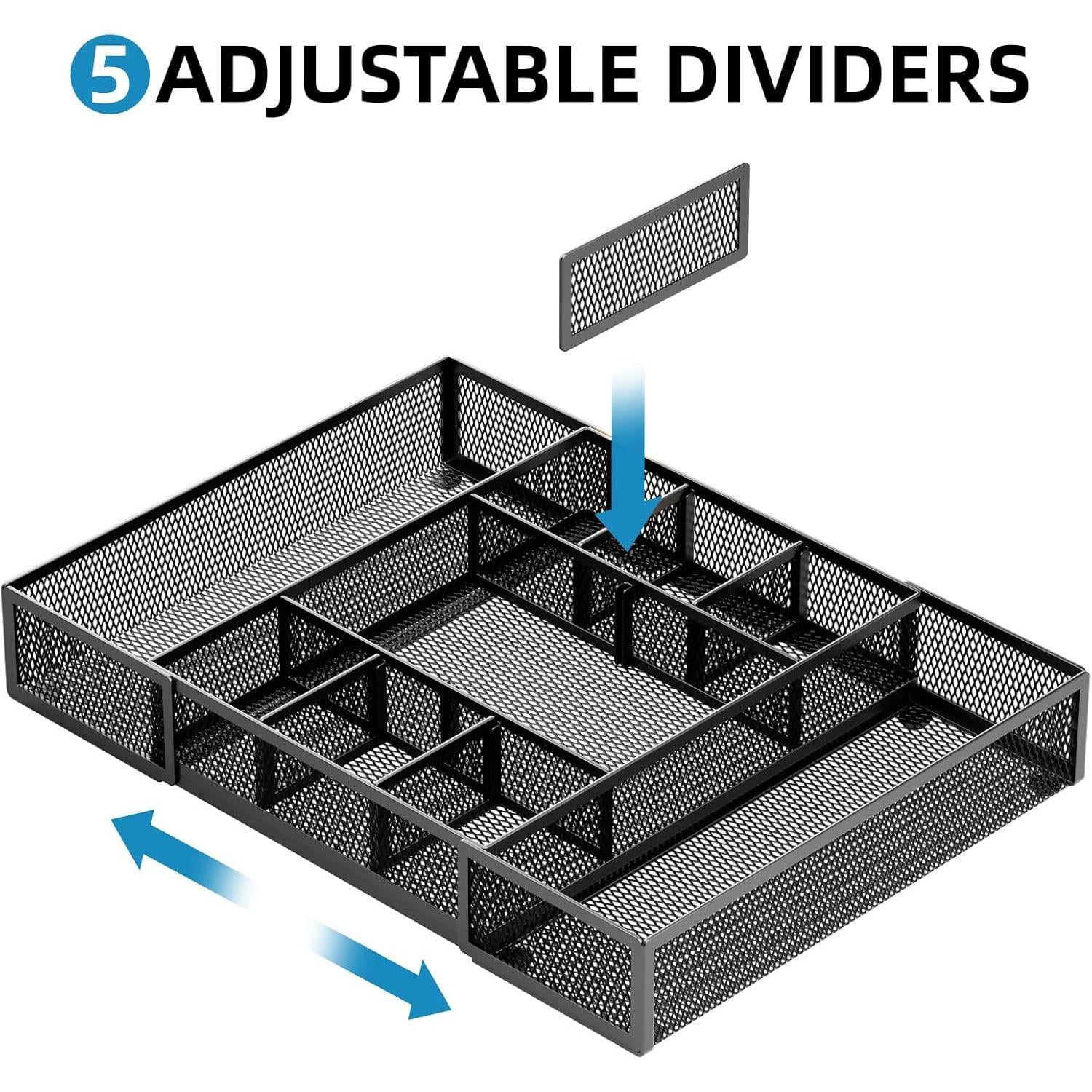 Expandable Desk Drawer Organizer, Mesh Drawer Organizer Tray with 10 Adjustable Compartments, Desk Organizers and Accessories for Office Supplies, Makeup & Vanity (Expandable Black-2 pack)