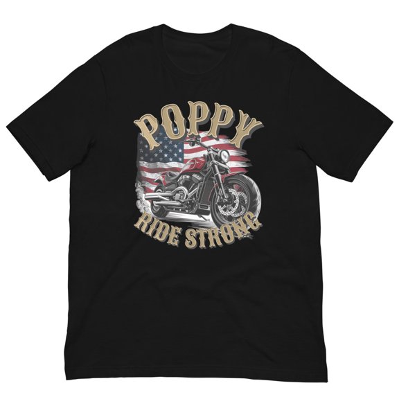 Poppys Ride Strong Motorcycle USA Flag Retro Biker Tee (XS)
