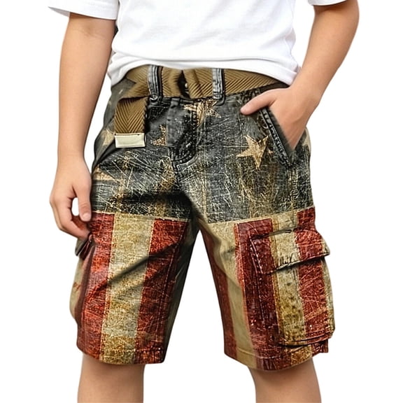 Hiijoy Boys Cargo Denim Shorts Independence Day Vintage Shorts Kids Casual Shorts