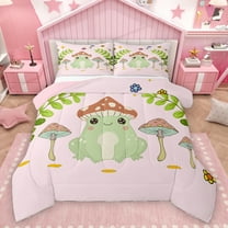 Homewish Kawaii Frog Prince Full Size Comforter Sets for Teens, Cute Cartoon Animal Bedding Comforter Set, Mushroom Plant Botanical Reversible Bedding Sets, Super Cozy Room Decor, 3-Piece