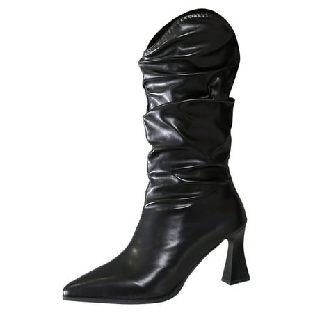 GHSOHS Cowboy Boots for Women Over The Knee Boots Wide Calf Boots Soft Leather Pleated Stacked Boots Wineglass Heel Pointed Toe Western Cowgirl Boots Riding Boots Shoes Western Cowgirl Boots Size 38