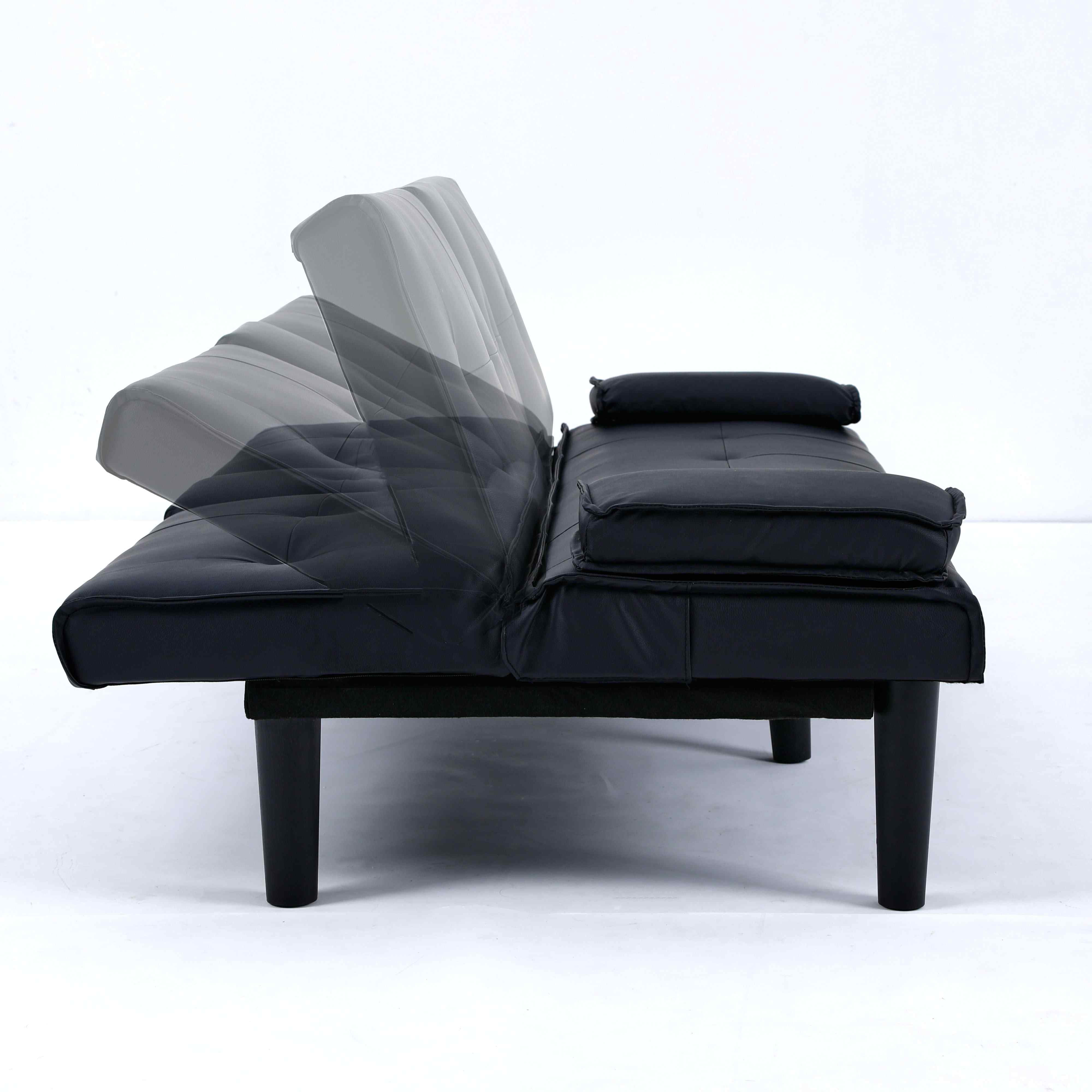 FFH 67" Futon Sofa Bed Loveseat Sleeper with Cup Holders, Folding PVC Couch for Living Room, Black