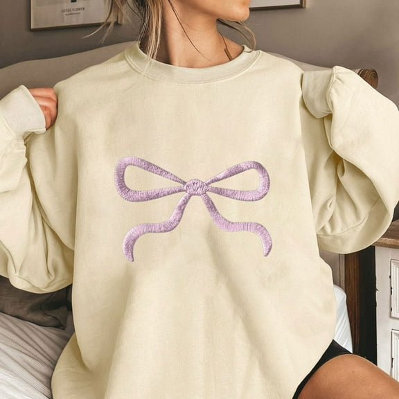 Womens Tops Plus Size Long Sleeve Bow Tie Printing Round Neck Loose Sweatshirts Beige M