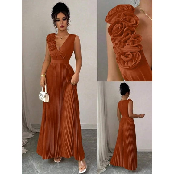Womens Elegant Rust Brown V-Neck Long Dress with Ruffled Floral Shoulder