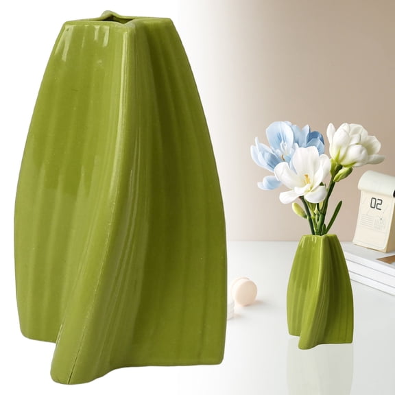 Plastics Flower Vase, Green Textured Decorative Floral Vase, Elegant Bud Vase for Artificial Bouquet Arrangement, Flower Vase For Family Wedding Room Dining Table Home Decor, 4.4*6.7 in
