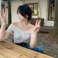 thumbnail image 2 of Women‘s Off Shoulder Frill Knot Front Knit Short Sleeve Crop Tops, 2 of 3