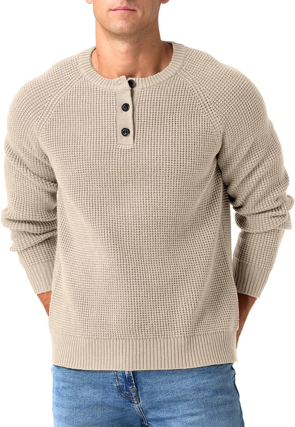 QDG Men's Henley Knit Pullover Sweater with Waffle Texture photo 2