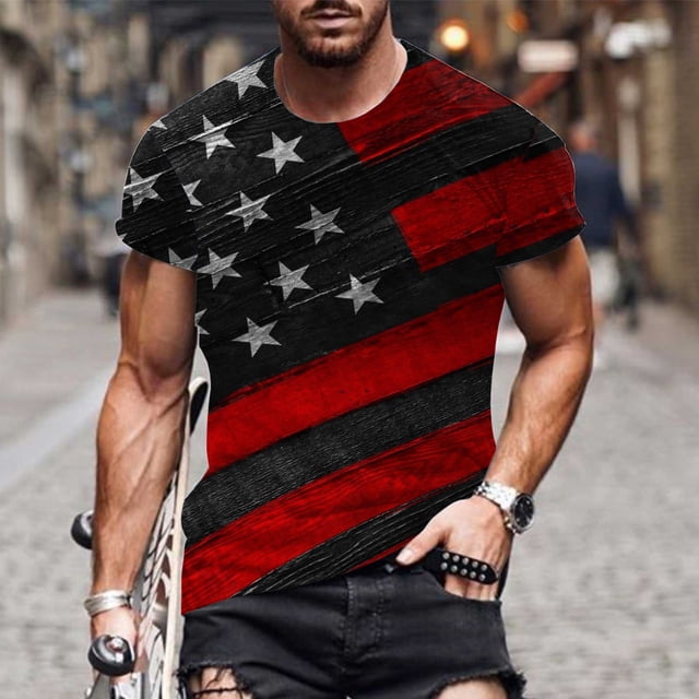 LSLJS Men's Patriotic Shirts Independence Day Stripes Print T-Shirts Round Neck Short Sleeve Shirts