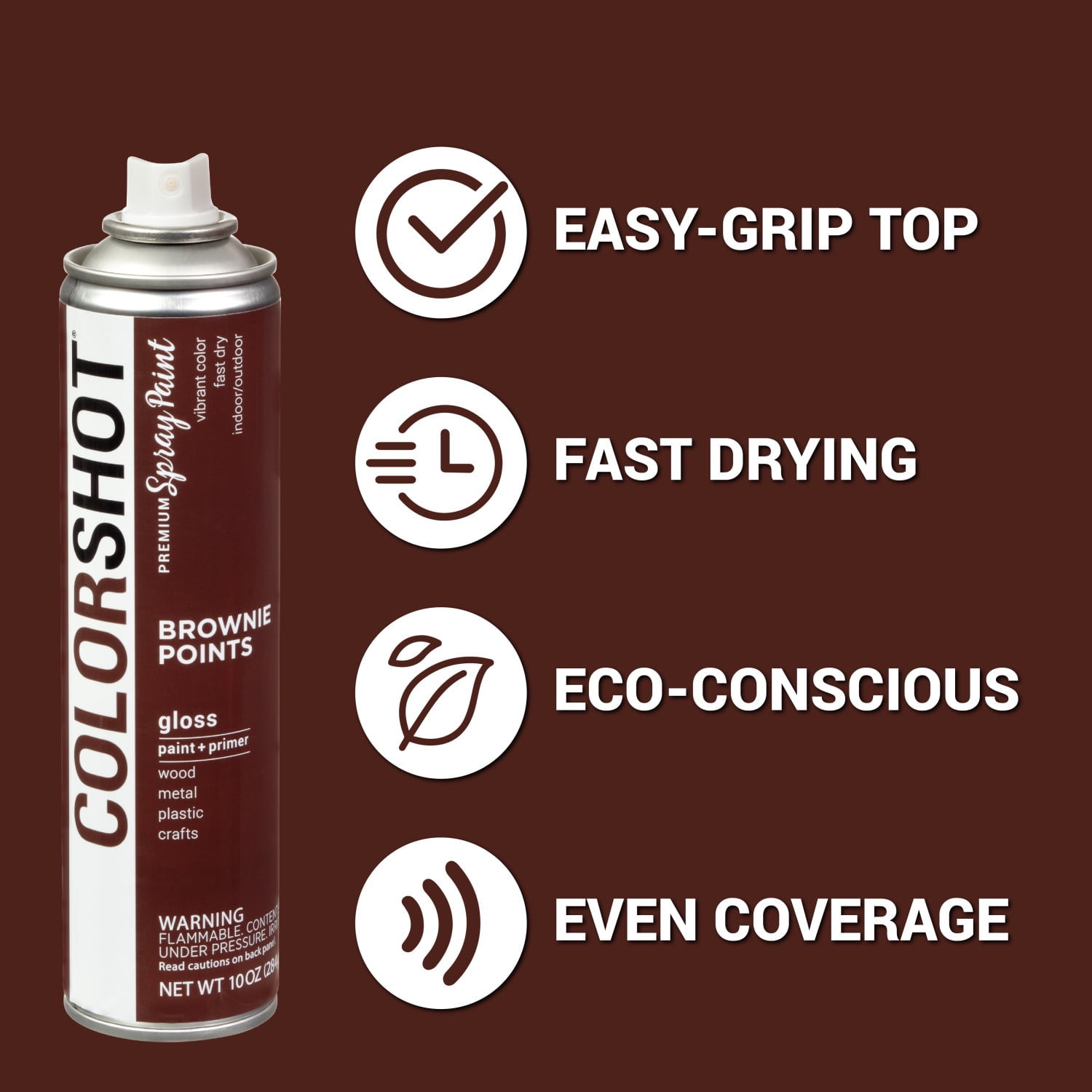 COLORSHOT Gloss Spray Paint, Brownie Points (Dark Brown), 10 oz, Fast-Drying Acrylic Paint, Indoor & Outdoor Use