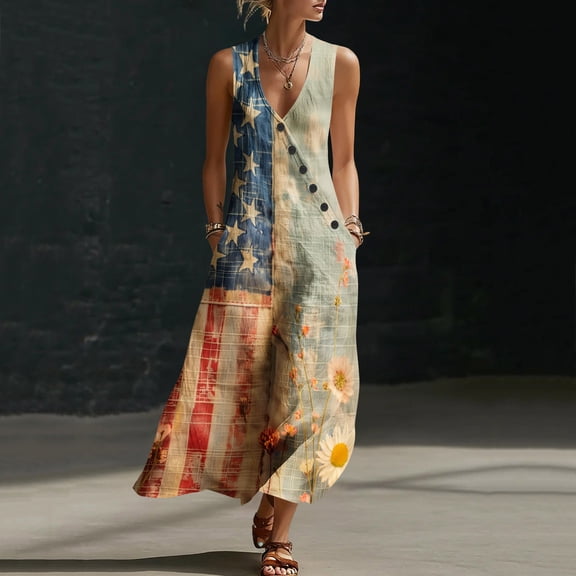QUNYINEY Sleeveless Casual Sundresses for Women Independence Day Cotton Linen Summer Long Tank Dress V-Neck Loose Fit Patriotic Beach Dresses