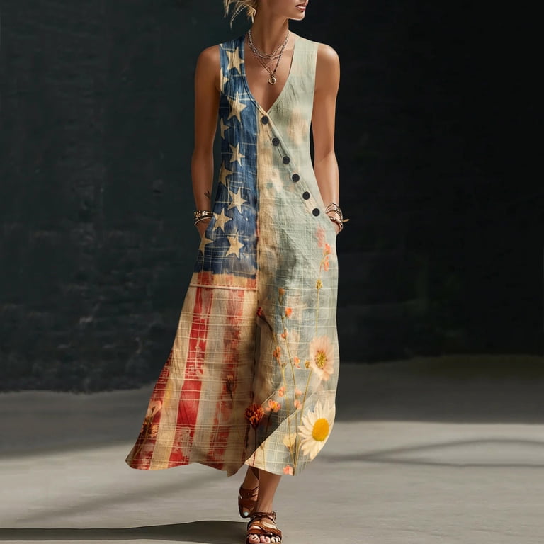 asdoklhq July 4th Beach Dresses for Women Prom Dress Independence Women's Summer Casual Dress Gradual Sleeveless Neck V-Neck Long Dress Multicolor S