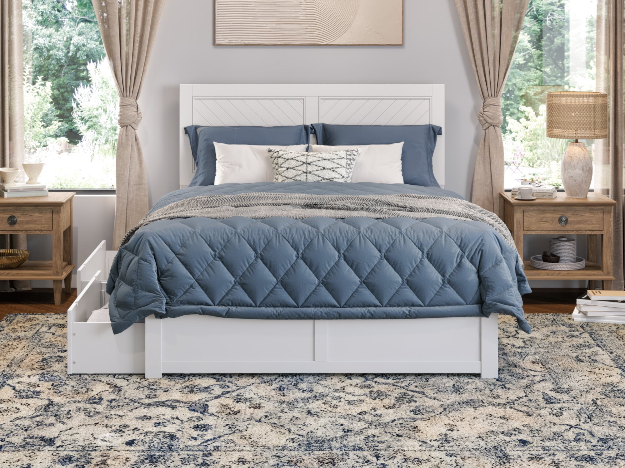 AFI Canyon White Solid Wood Platform Bed with Footboard & Set of 2 Storage Drawers, Full