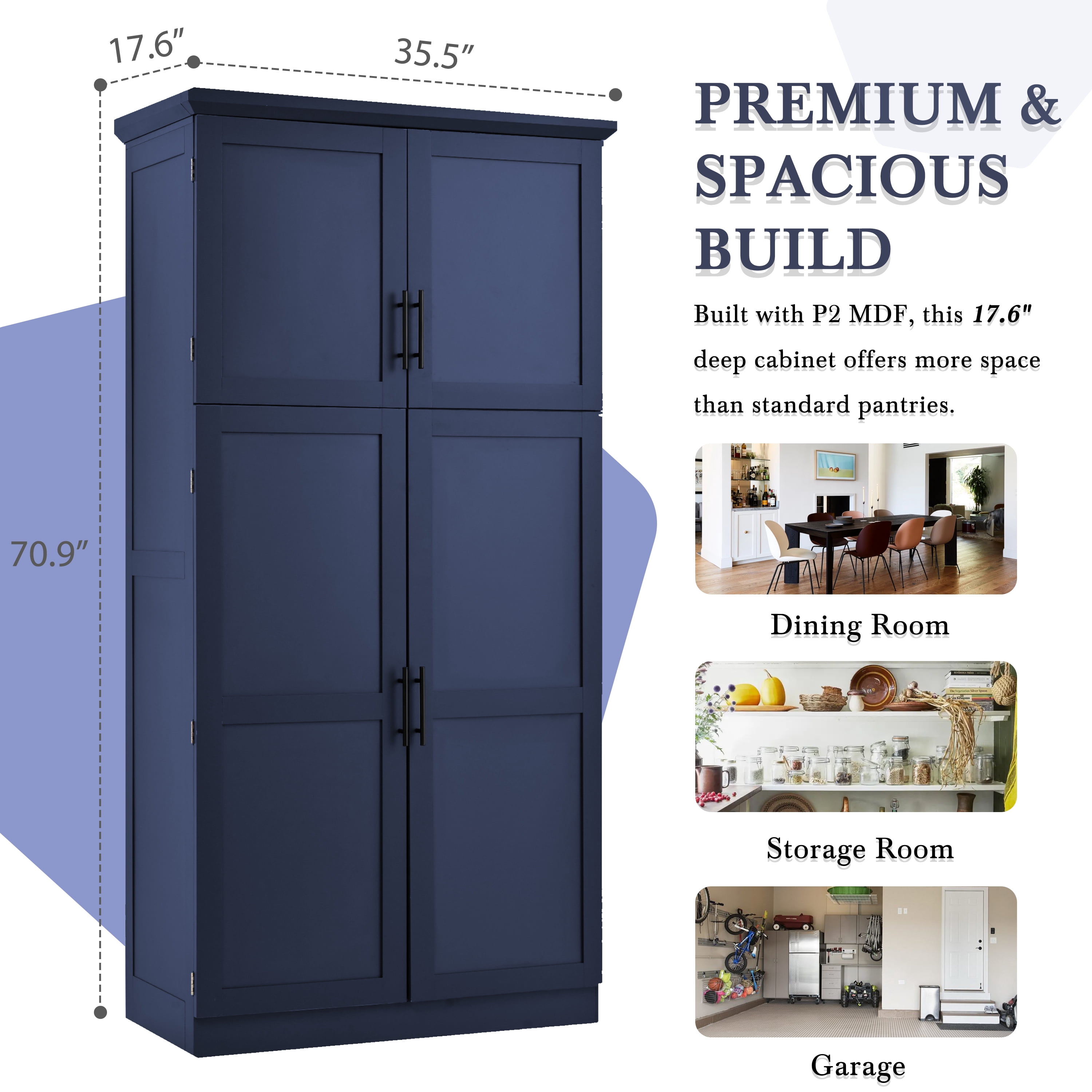 Aukfa 71" Tall Kitchen Pantry Cabinet, 4-Door Freestanding Pantry Hutch Storage Organizer with 8 Pull-Out Trays,Blue