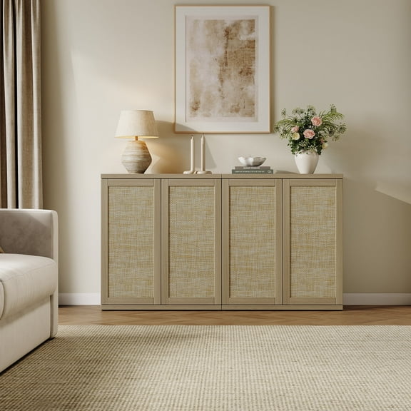 SICOTAS 30.51" Wide Rattan Sideboard Buffet Cabinet Set of 2, Farmhouse Accent Storage Credenza with Adjustable Shelves & Feet for Living Room, Entryway, Foyer - Amber Oak