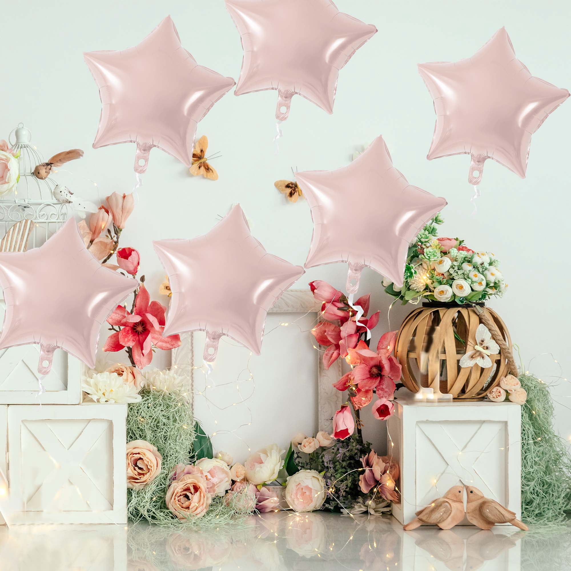 Unique Bargains 10Pcs Helium Balloons with Ribbon Star Pattern Light Pink