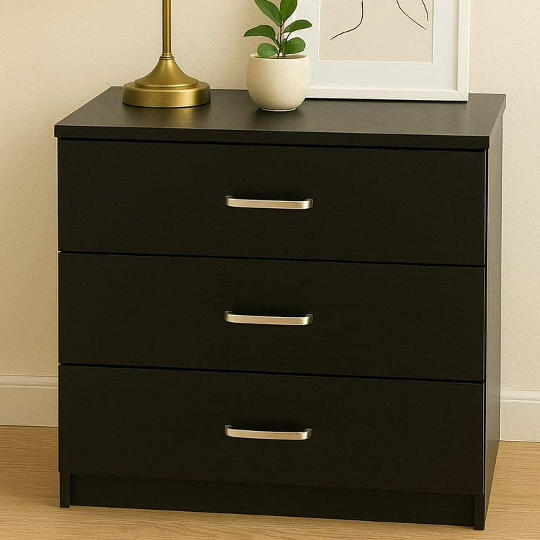 Ktaxon 3-Drawer Dresser, Pure Black, P2 Wood with Metal Handles