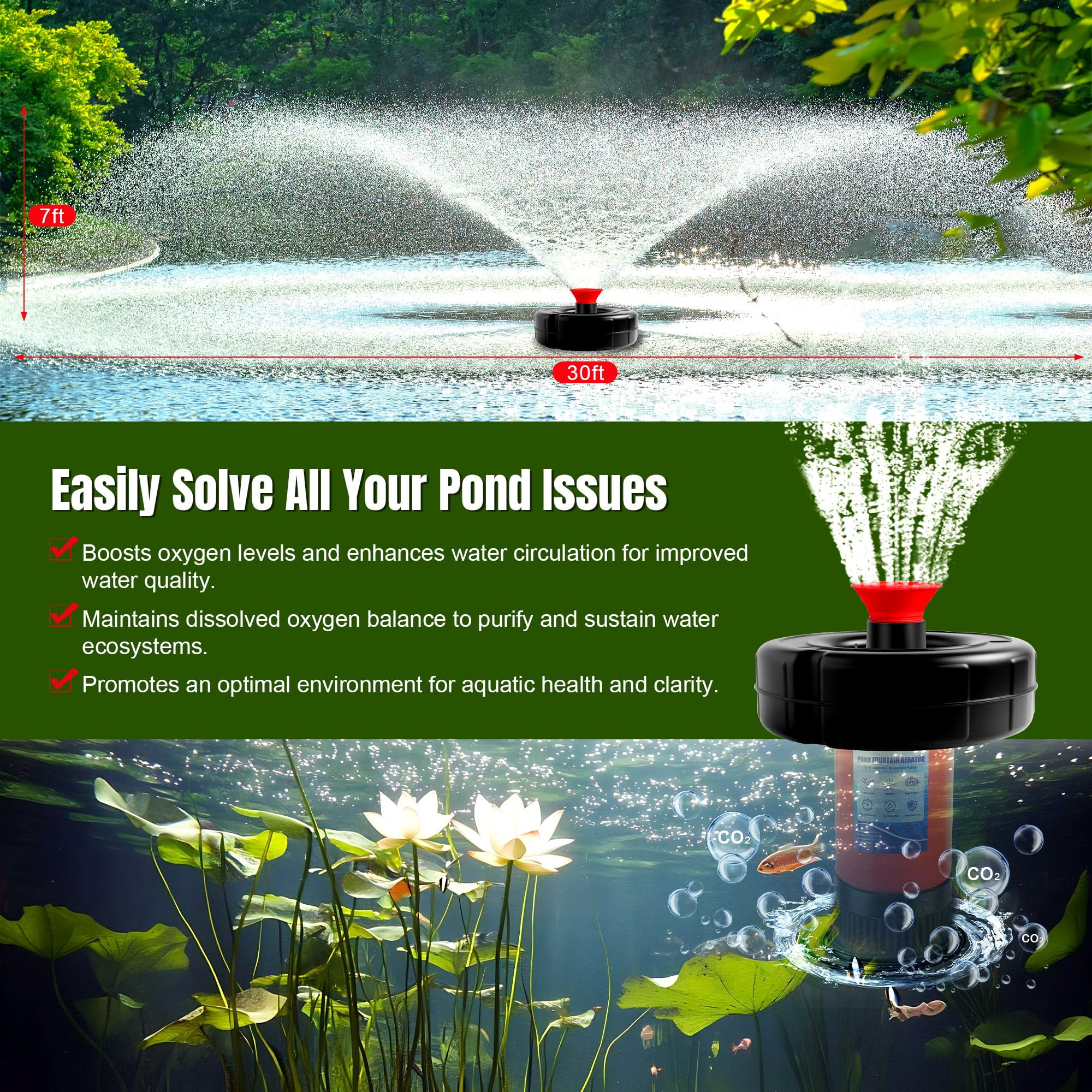 FOXLUX Pond Fountain Aerator 750W, 1HP 15000 GPH Outdoor Floating Aerating Pump, 120ft Power Cord for Small & Large Ponds & Lakes (AC120V) 1PCS/PACK