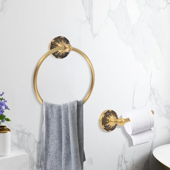 FKSZLL 2 Pieces Set Antique Brass Toilet Paper Holder Retro Brass Hand Towel Ring Tissue Roll Paper Hanger Bathroom Hardware Wall Mounted Vintage Bathroom Accessories