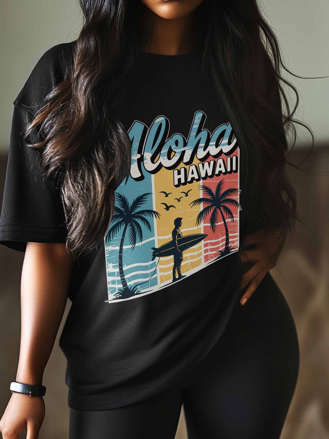 Women's T-Shirt Aloha Hawaii Retro Beach Surfing Vacation Short Sleeve Casual Tee Classic Crew Neck T Shirt for Women Black, M