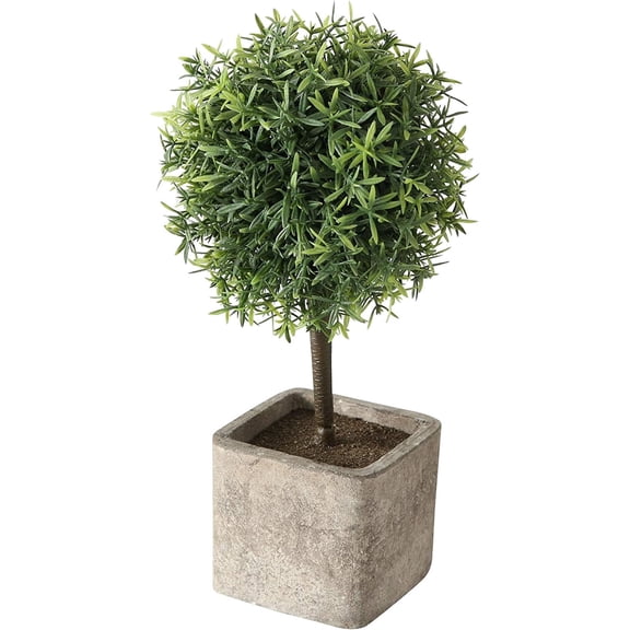 Realistic Artificial Grassy Ball Topiary Tree, Gray Stone Finished Planter, 10.25 inches