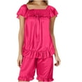 thumbnail image 3 of FAIWAD Womens Satin Pajama Sets Ruffle Hem Short Sleeve Tops with Shorts Pjs Set Casual Sleepwear Soft Loungewear, 3 of 5